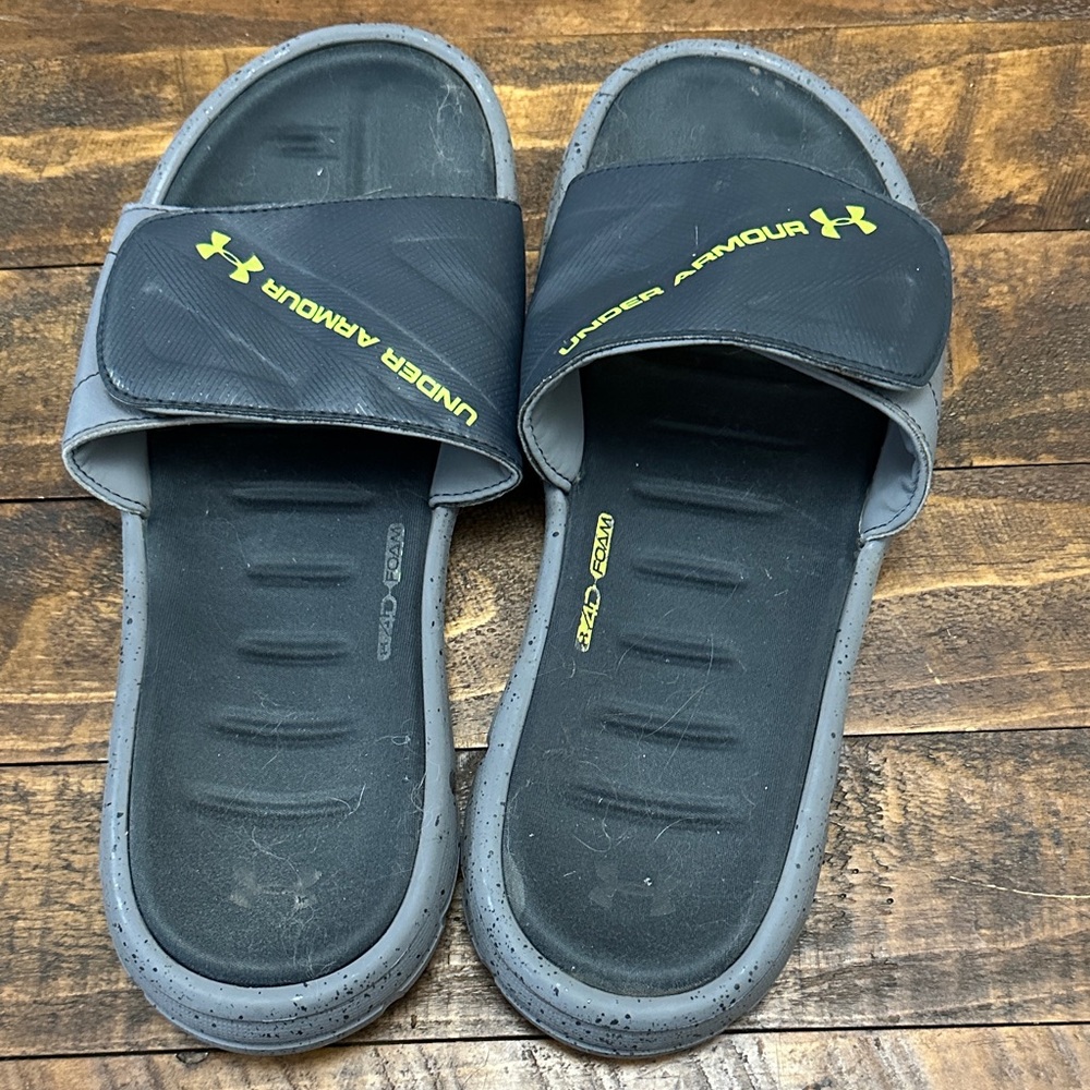 Under Armour Black and Gray Slides with Yellow Accents